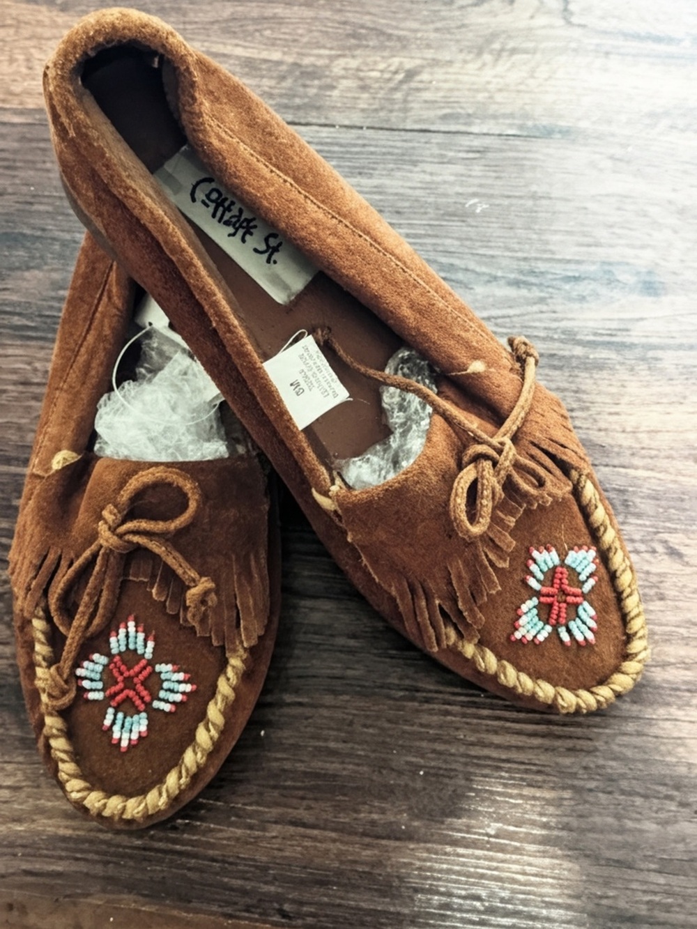 Minnetonka Chestnut Brown Suede Beaded Fringe Moccasins